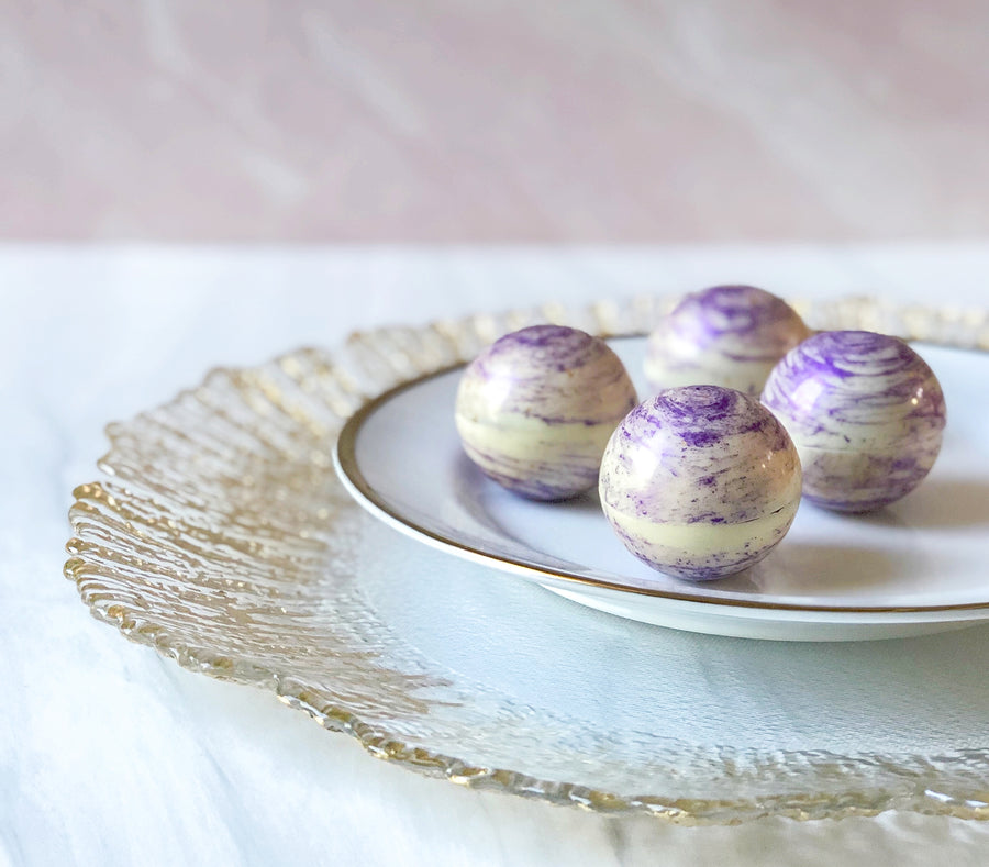 Ube Truffles on a plate from Codinha Chocolate